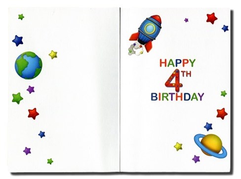 Age 4 Boy 4th Birthday Card - Blue & Red Rocket With Planets & Stars 7.75x5.25" Age 4 Boy 4th Birthday Card - Blue & Red Rocket With Planets & Stars 7.75x5.25"