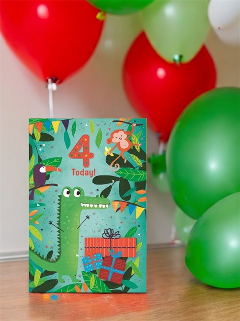 Age 4 Boy Birthday Card - 4th Birthday Jungle Animals and Silver Foil 7.75x5.25" Age 4 Boy Birthday Card - 4th Birthday Jungle Animals and Silver Foil 7.75x5.25"