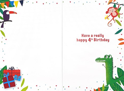 Age 4 Boy Birthday Card - 4th Birthday Jungle Animals and Silver Foil 7.75x5.25" Age 4 Boy Birthday Card - 4th Birthday Jungle Animals and Silver Foil 7.75x5.25"