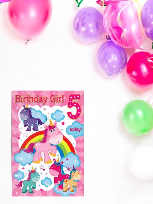 Age 5 Birthday Card - 5th Birthday Unicorns Rainbows and Clouds 7.75x5.25" Age 5 Birthday Card - 5th Birthday Unicorns Rainbows and Clouds 7.75x5.25"
