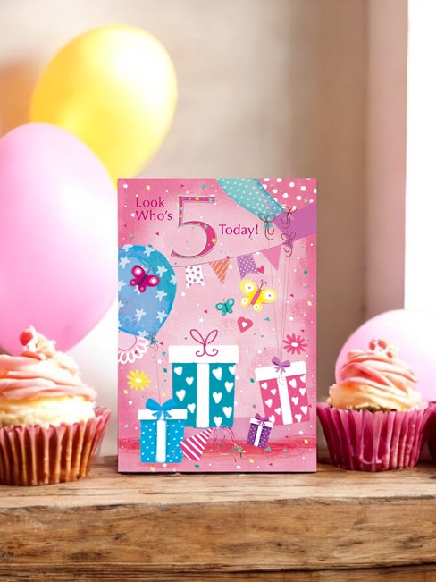 Age 5 Birthday Card - 5th Birthday Presents Balloons Butterflies Foil 7.75x5.25" Age 5 Birthday Card - 5th Birthday Presents Balloons Butterflies Foil 7.75x5.25"