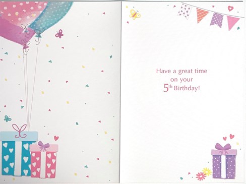 Age 5 Birthday Card - 5th Birthday Presents Balloons Butterflies Foil 7.75x5.25" Age 5 Birthday Card - 5th Birthday Presents Balloons Butterflies Foil 7.75x5.25"