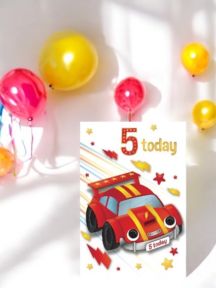 Age 5 Boy Birthday Card - 5th Birthday Red Racing Car Stars with Foil 7.75x5.25" Age 5 Boy Birthday Card - 5th Birthday Red Racing Car Stars with Foil 7.75x5.25"