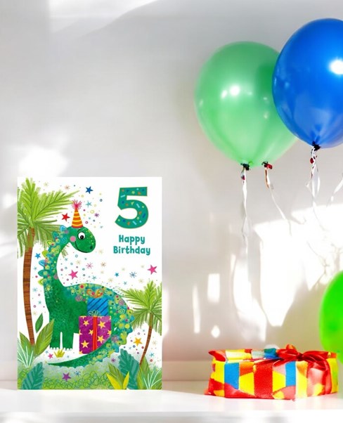 Age 5 Boy 5th Birthday Card - Green Dinosaur in Party Hat with Stars 7.75x5.25" Age 5 Boy 5th Birthday Card - Green Dinosaur in Party Hat with Stars 7.75x5.25"