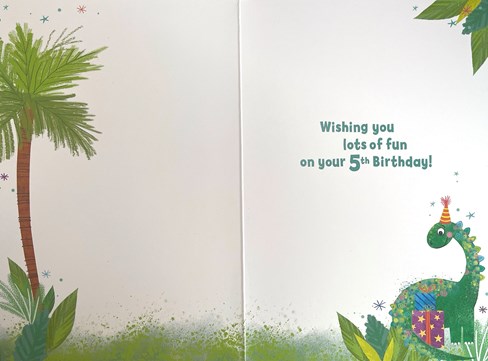Age 5 Boy 5th Birthday Card - Green Dinosaur in Party Hat with Stars 7.75x5.25" Age 5 Boy 5th Birthday Card - Green Dinosaur in Party Hat with Stars 7.75x5.25"