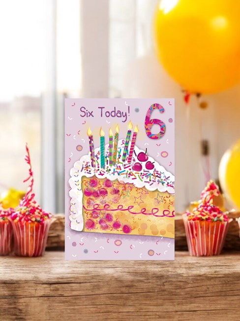 Age 6 Girl Birthday Card - 6th Birthday Cake with Candles and Glitter 7.75x5.25" Age 6 Girl Birthday Card - 6th Birthday Cake with Candles and Glitter 7.75x5.25"