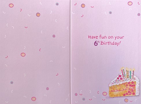 Age 6 Girl Birthday Card - 6th Birthday Cake with Candles and Glitter 7.75x5.25" Age 6 Girl Birthday Card - 6th Birthday Cake with Candles and Glitter 7.75x5.25"