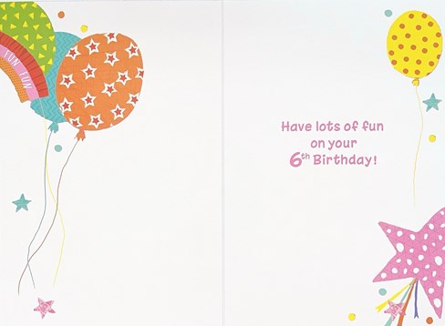 6th Birthday Card - Age 6 Pink with Rainbow Balloons Stars Silver Foil 7.75x5.25 6th Birthday Card - Age 6 Pink with Rainbow Balloons Stars Silver Foil 7.75x5.25