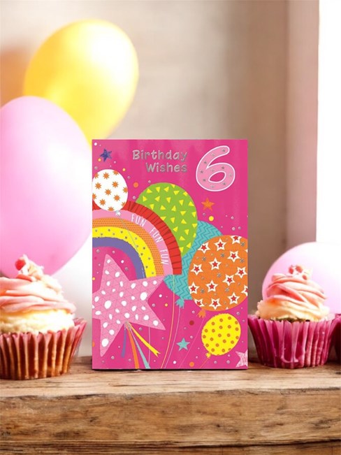 6th Birthday Card - Age 6 Pink with Rainbow Balloons Stars Silver Foil 7.75x5.25 6th Birthday Card - Age 6 Pink with Rainbow Balloons Stars Silver Foil 7.75x5.25