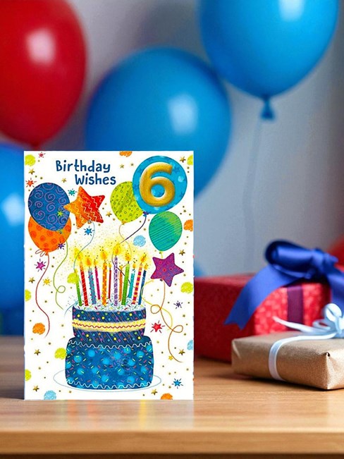 Age 6 Boy Birthday Card - 6th Birthday Blue Cake with Candles Balloons 7.75x5.25 Age 6 Boy Birthday Card - 6th Birthday Blue Cake with Candles Balloons 7.75x5.25