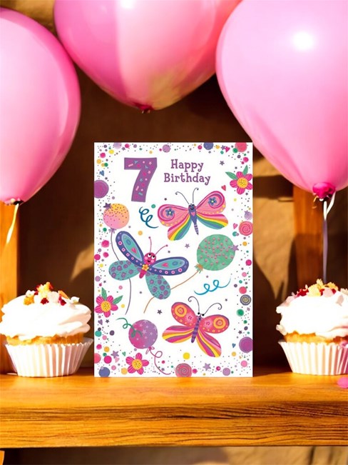7th Birthday Card - Age 7 Girl Pink Lilac Green Butterflies & Foil 7.75x5.25" 7th Birthday Card - Age 7 Girl Pink Lilac Green Butterflies & Foil 7.75x5.25"