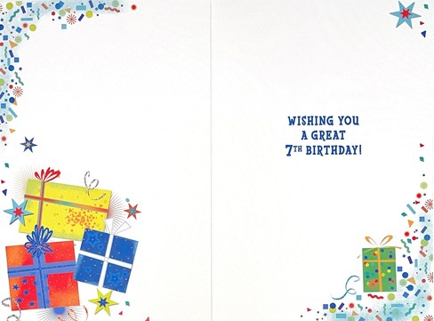7th Birthday Card - Age 7 Multicoloured Presents & Stars Silver Foil 7.75x5.25" 7th Birthday Card - Age 7 Multicoloured Presents & Stars Silver Foil 7.75x5.25"