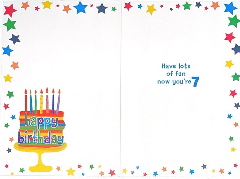 7th Birthday Card - Age 7 Blue Multicoloured Cake and Candles 7.75x5.25 7th Birthday Card - Age 7 Blue Multicoloured Cake and Candles 7.75x5.25