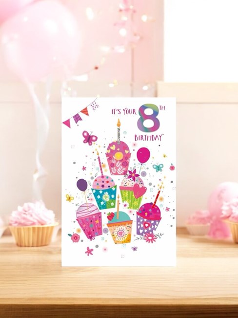 Age 8 Girl Birthday Card - 8th Birthday Cupcakes Flowers Butterflies 7.75x5.25 Age 8 Girl Birthday Card - 8th Birthday Cupcakes Flowers Butterflies 7.75x5.25