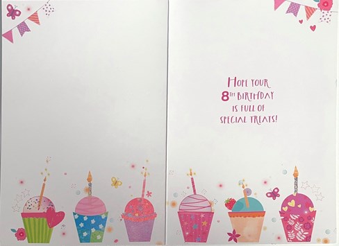 Age 8 Girl Birthday Card - 8th Birthday Cupcakes Flowers Butterflies 7.75x5.25 Age 8 Girl Birthday Card - 8th Birthday Cupcakes Flowers Butterflies 7.75x5.25
