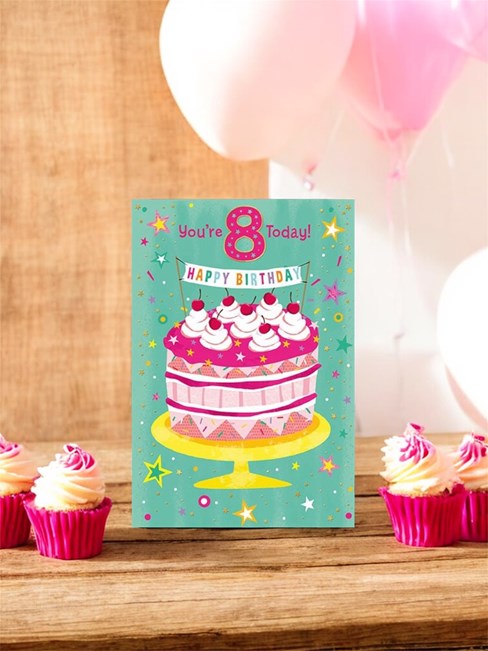 Age 8 Girl Birthday Card - 8th Birthday Big Cake with Stars & Foil 7.5x5.75" Age 8 Girl Birthday Card - 8th Birthday Big Cake with Stars & Foil 7.5x5.75"