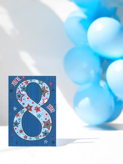 Age 8 Boy Birthday Card - 8th Birthday Big Number Stars Silver Foil 7.75x5.25" Age 8 Boy Birthday Card - 8th Birthday Big Number Stars Silver Foil 7.75x5.25"
