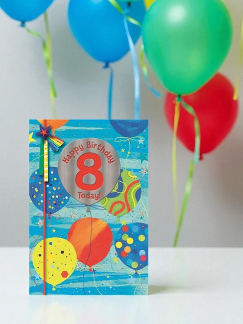 Age 8 Boy Birthday Card - 8th Birthday Bright Balloons & Silver Foil 7.75x5.25" Age 8 Boy Birthday Card - 8th Birthday Bright Balloons & Silver Foil 7.75x5.25"