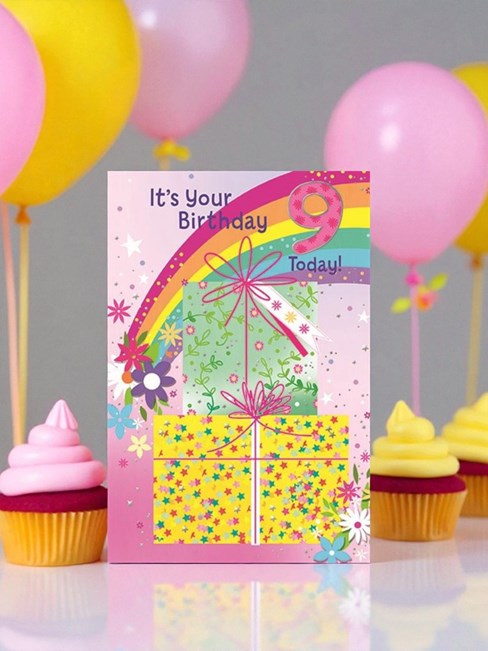 Age 9 Girl Birthday Card - 9th Birthday Rainbow Presents Silver Foil 7.75x5.25" Age 9 Girl Birthday Card - 9th Birthday Rainbow Presents Silver Foil 7.75x5.25"