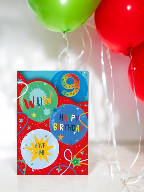 Age 9 Boy Birthday Card - Red Blue Green Balloons with Silver Foil 7.75x5.25" Age 9 Boy Birthday Card - Red Blue Green Balloons with Silver Foil 7.75x5.25"