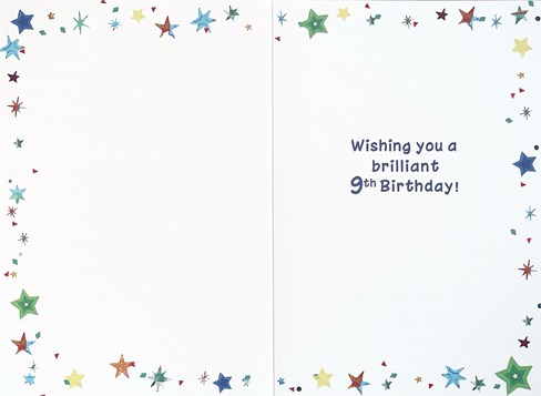 Age 9 Boy Birthday Card - Red Blue Green Balloons with Silver Foil 7.75x5.25" Age 9 Boy Birthday Card - Red Blue Green Balloons with Silver Foil 7.75x5.25"