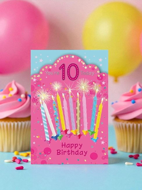 Age 10 Girl Birthday Card - 10th Birthday Pink & Candles Silver Foil 7.75x5.25" Age 10 Girl Birthday Card - 10th Birthday Pink & Candles Silver Foil 7.75x5.25"