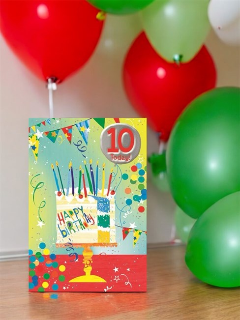 10th Birthday Card - Age 10 Cake with Multicoloured Candles & Foil 7.75x5.25" 10th Birthday Card - Age 10 Cake with Multicoloured Candles & Foil 7.75x5.25"