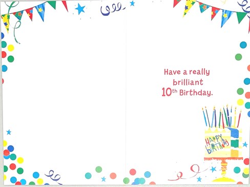 10th Birthday Card - Age 10 Cake with Multicoloured Candles & Foil 7.75x5.25" 10th Birthday Card - Age 10 Cake with Multicoloured Candles & Foil 7.75x5.25"
