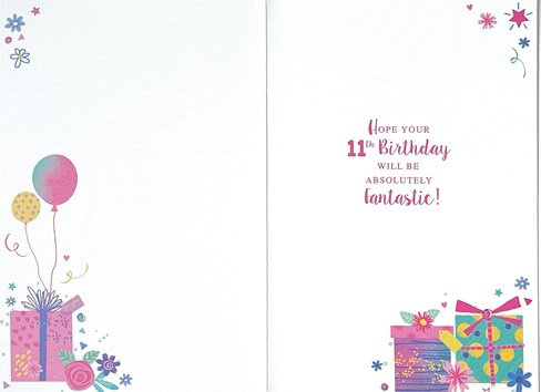Age 11 Girl Birthday Card - Presents Balloons Flowers with Gold Foil 7.75x5.25" Age 11 Girl Birthday Card - Presents Balloons Flowers with Gold Foil 7.75x5.25"