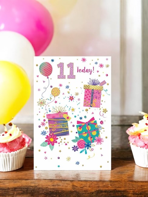 Age 11 Girl Birthday Card - Presents Balloons Flowers with Gold Foil 7.75x5.25" Age 11 Girl Birthday Card - Presents Balloons Flowers with Gold Foil 7.75x5.25"