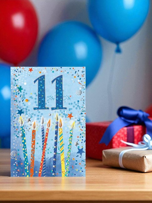 Age 11 Boy Birthday Card -11th Birthday Blue with Candles Silver Foil 7.75x5.25" Age 11 Boy Birthday Card -11th Birthday Blue with Candles Silver Foil 7.75x5.25"