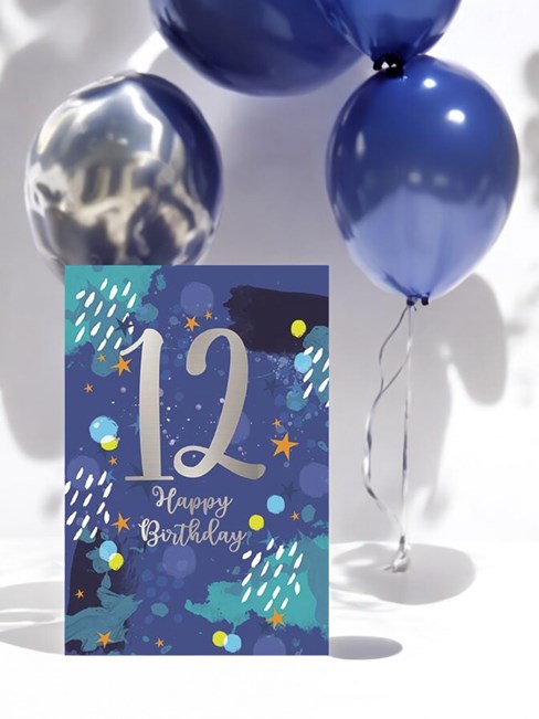 Age 12 Boy 12th Birthday Card - Blue with Paint Splash & Silver Foil 7.75x5.25" Age 12 Boy 12th Birthday Card - Blue with Paint Splash & Silver Foil 7.75x5.25"