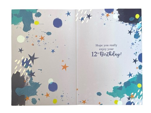 Age 12 Boy 12th Birthday Card - Blue with Paint Splash & Silver Foil 7.75x5.25" Age 12 Boy 12th Birthday Card - Blue with Paint Splash & Silver Foil 7.75x5.25"