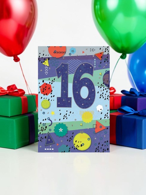Age 16 Boy Birthday Card - Blue Number 16 Red Green Shapes & Foil 7.75x5.25" Age 16 Boy Birthday Card - Blue Number 16 Red Green Shapes & Foil 7.75x5.25"