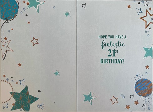 Age 21 Male Birthday Card - Green with Blue Numbers Stars & Gold Foil 7.75x5.25" Age 21 Male Birthday Card - Green with Blue Numbers Stars & Gold Foil 7.75x5.25"