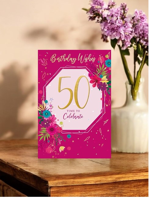 Age 50 Female Birthday Card - 50th Birthday Bright Flowers Gold Foil 7.75x5.25" Age 50 Female Birthday Card - 50th Birthday Bright Flowers Gold Foil 7.75x5.25"
