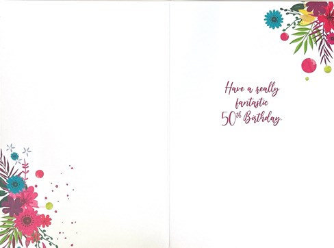 Age 50 Female Birthday Card - 50th Birthday Bright Flowers Gold Foil 7.75x5.25" Age 50 Female Birthday Card - 50th Birthday Bright Flowers Gold Foil 7.75x5.25"