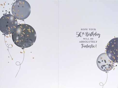 50th Birthday Card - Age 50 Black & Grey Balloons with Gold Foil 7.75x5.25 50th Birthday Card - Age 50 Black & Grey Balloons with Gold Foil 7.75x5.25