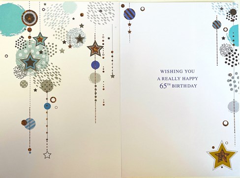 Age 65 Male Birthday Card - Blue Numbers Stars and Spots Gold Foil 7.75x5.25" Age 65 Male Birthday Card - Blue Numbers Stars and Spots Gold Foil 7.75x5.25"