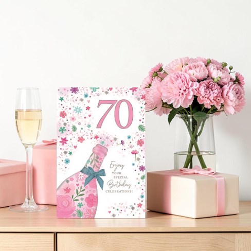 Age 70 Female Birthday Card -70th Birthday Pink Champagne & Flowers 7.75x5.25" Age 70 Female Birthday Card -70th Birthday Pink Champagne & Flowers 7.75x5.25"