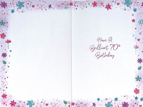 Age 70 Female Birthday Card -70th Birthday Pink Champagne & Flowers 7.75x5.25"
