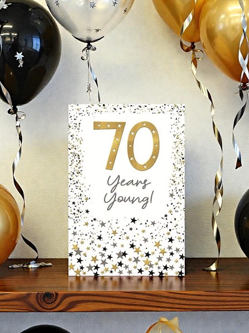 Age 70 Birthday Card 70th Gold Silver Foil Stars 70 Years Young 7.75x5.25" Age 70 Birthday Card 70th Gold Silver Foil Stars 70 Years Young 7.75x5.25"