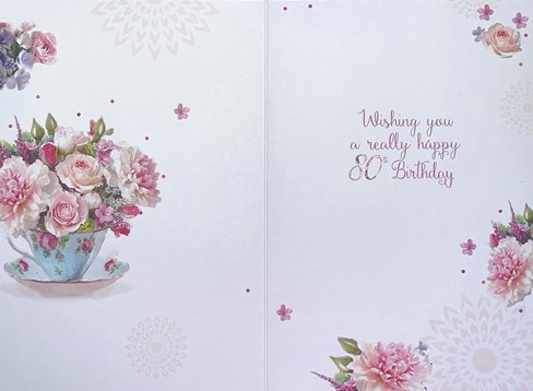 Age 80 80th Birthday Card - Pink Flowers in Teacup with Glitter 7.75" x 5.25" Age 80 80th Birthday Card - Pink Flowers in Teacup with Glitter 7.75" x 5.25"
