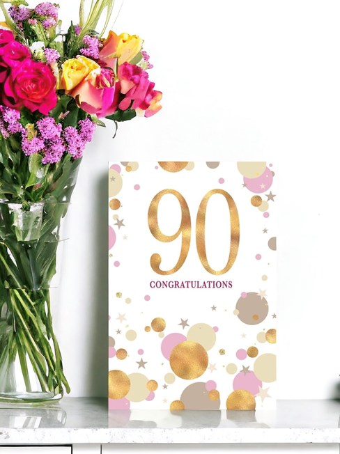 Age 90 Female Birthday Card - 90th Gold Foil Number Pink Brown Spots 7.75x5.25" Age 90 Female Birthday Card - 90th Gold Foil Number Pink Brown Spots 7.75x5.25"
