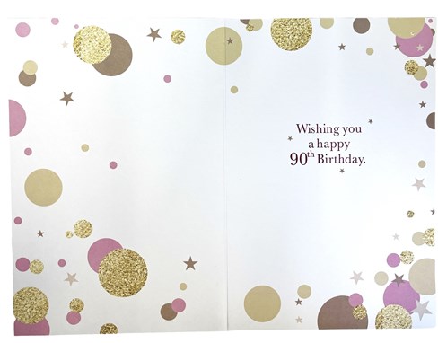 Age 90 Female Birthday Card - 90th Gold Foil Number Pink Brown Spots 7.75x5.25" Age 90 Female Birthday Card - 90th Gold Foil Number Pink Brown Spots 7.75x5.25"