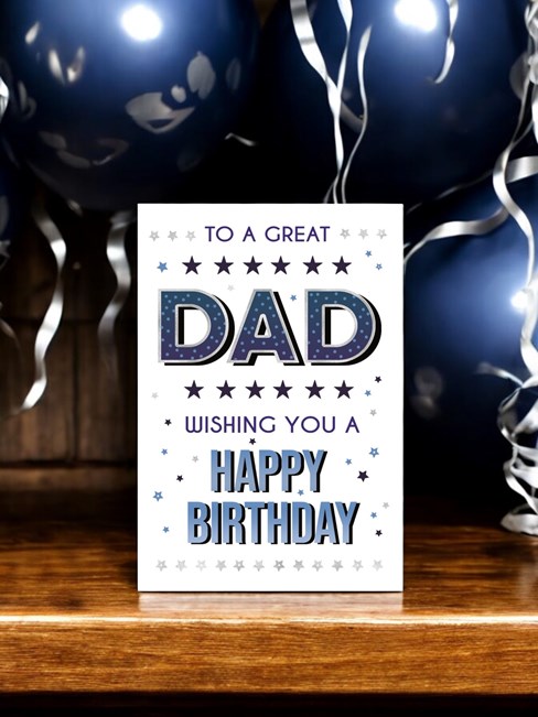 Dad Birthday Card - Blue Writing and Stars with Silver Foil 7.75x5.25" Dad Birthday Card - Blue Writing and Stars with Silver Foil 7.75x5.25"