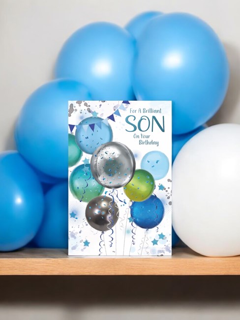 Son Birthday Card - Blue Green & Silver Balloons with Blue Foil 7.75 x 5.25" Son Birthday Card - Blue Green & Silver Balloons with Blue Foil 7.75 x 5.25"