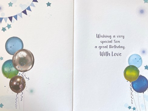 Son Birthday Card - Blue Green & Silver Balloons with Blue Foil 7.75 x 5.25" Son Birthday Card - Blue Green & Silver Balloons with Blue Foil 7.75 x 5.25"