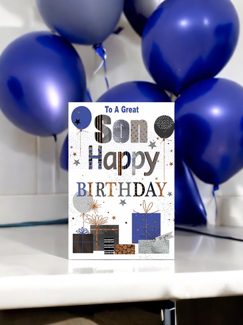 Son Birthday Card - Blue Grey Presents Balloons with Copper Foil 7.75x5.25" Son Birthday Card - Blue Grey Presents Balloons with Copper Foil 7.75x5.25"