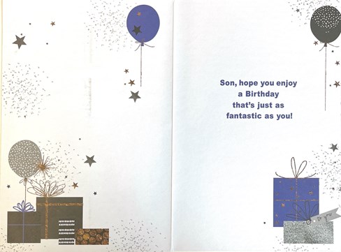 Son Birthday Card - Blue Grey Presents Balloons with Copper Foil 7.75x5.25" Son Birthday Card - Blue Grey Presents Balloons with Copper Foil 7.75x5.25"